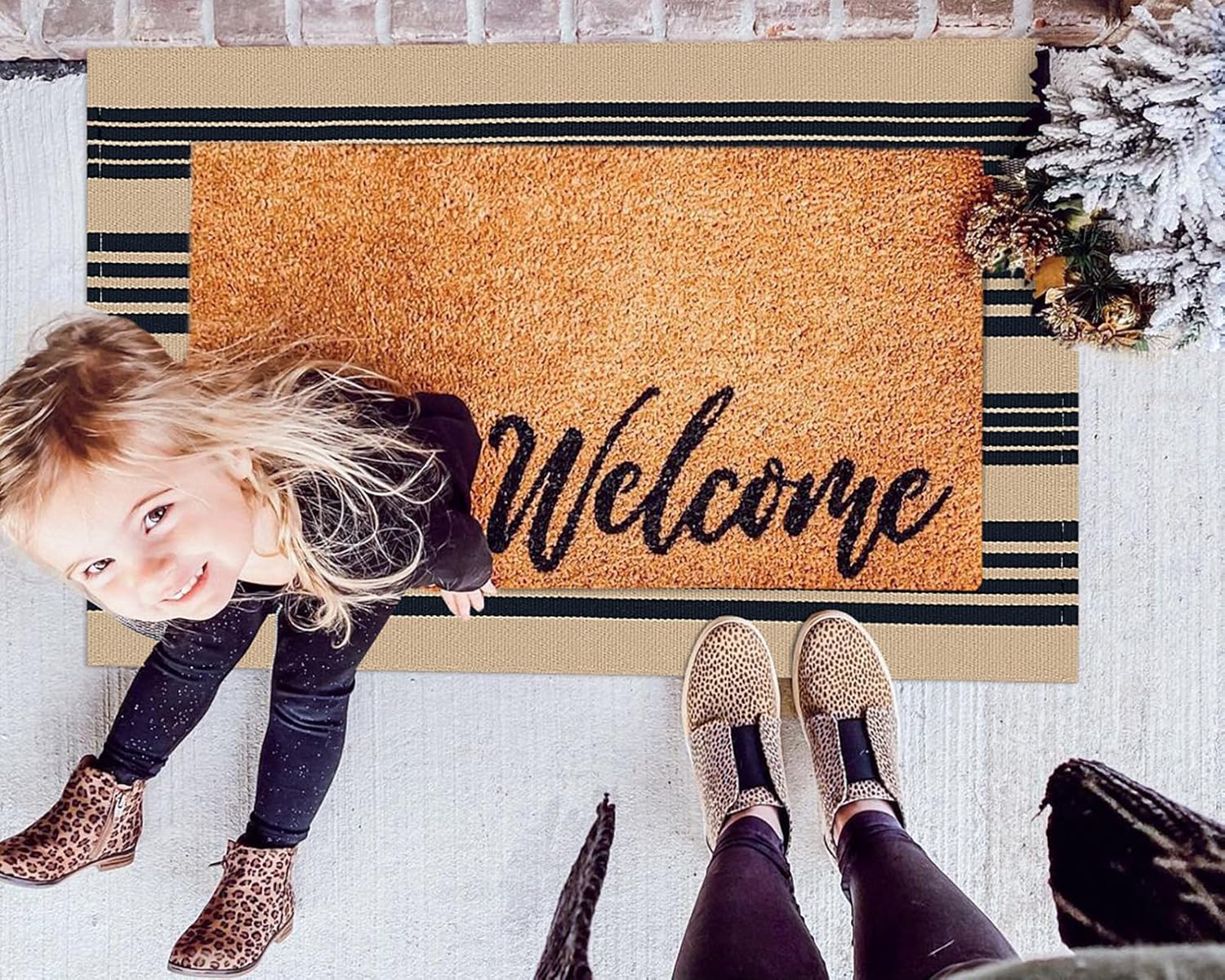 KOZYFLY Striped Front Door Mat 2x3 Ft Brown Black Cotton Washable Indoor Outdoor Rug
