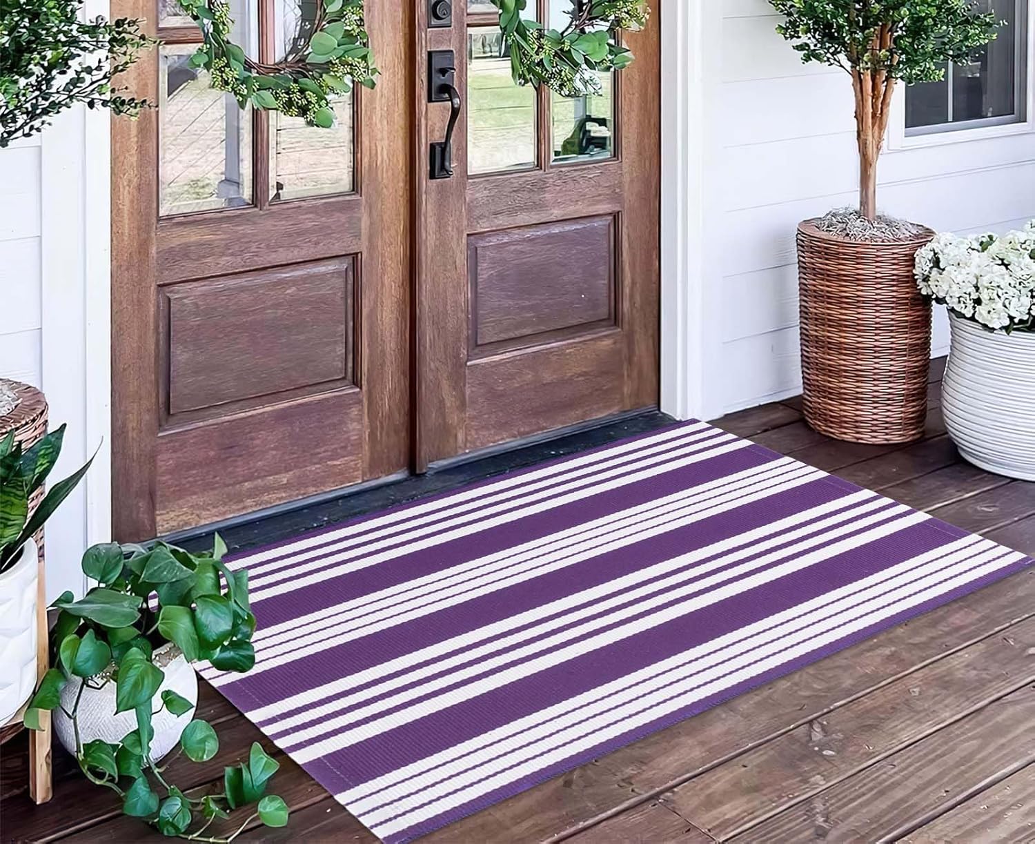 Purple and White Striped Outdoor Rug 24x51 Inch
