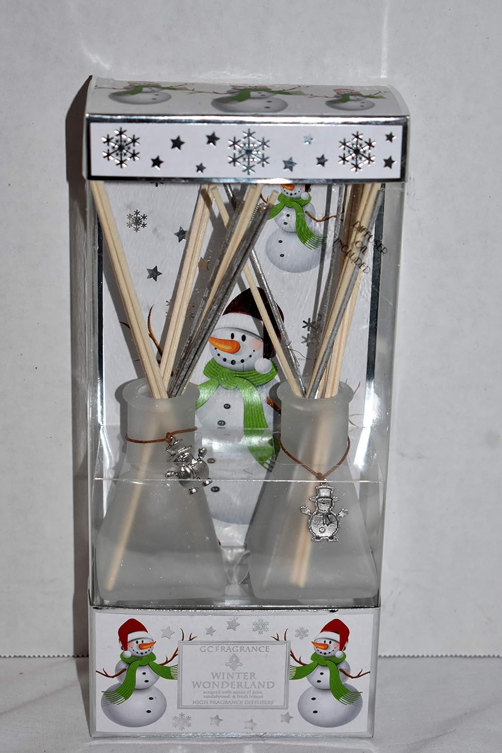 2pc Frosted White Glass Bottles with Snowman Charms Winter Wonderland Scent Reed Diffusers Set