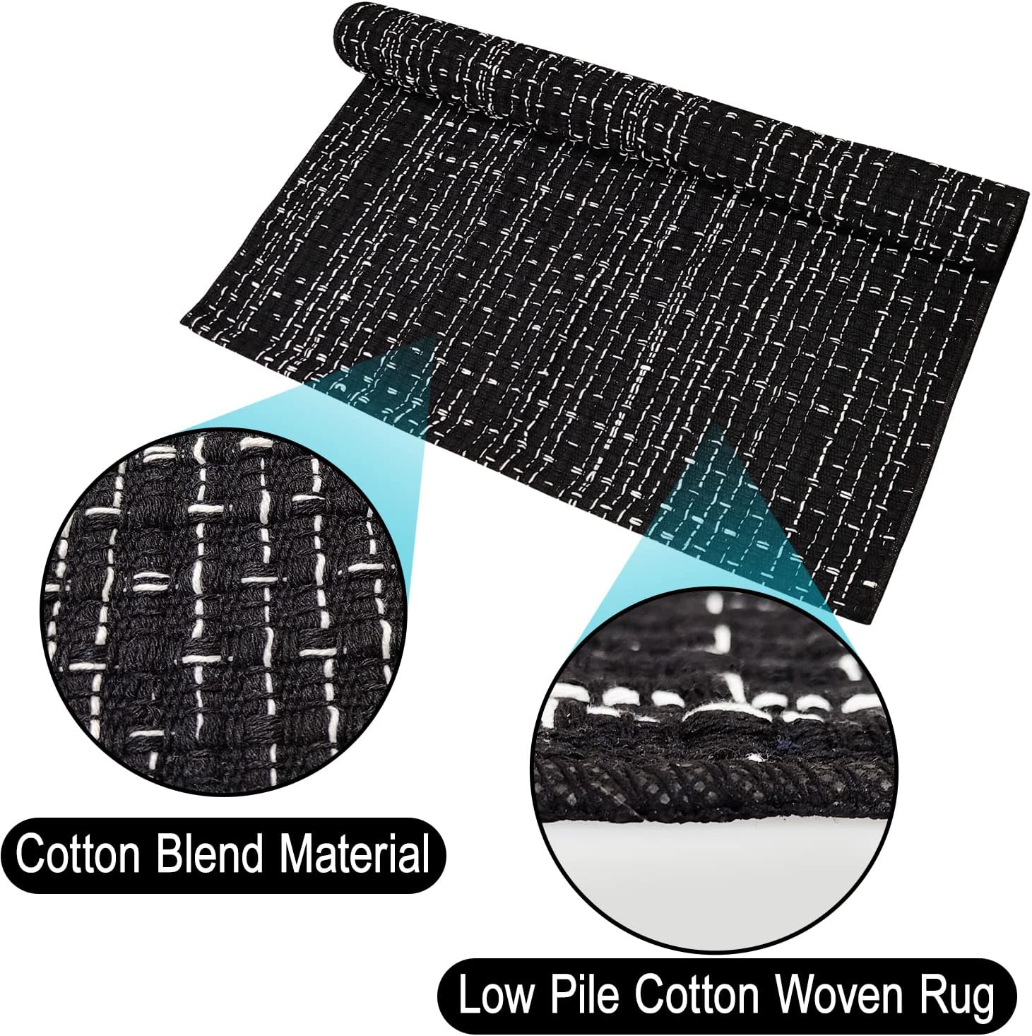 Black White 4x6 Area Rug Washable Cotton Rug with Non-Slip Pad