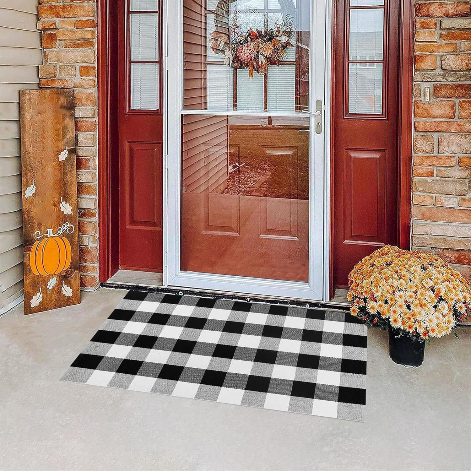 Generic Fall Outdoor Rug Front Porch Buffalo Plaid Doormat Black