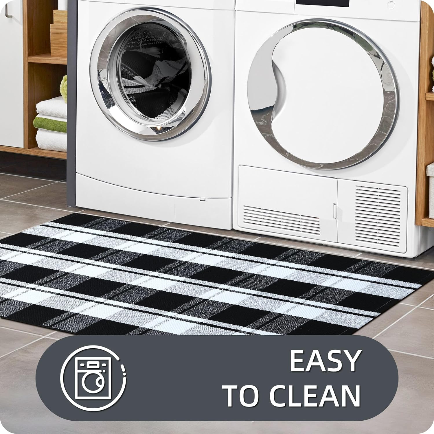 Ompaa Black and White Plaid Checkered Area Rug 236x354 Hand-Woven Cotton Buffalo Doormat for Indoor Outdoor Use