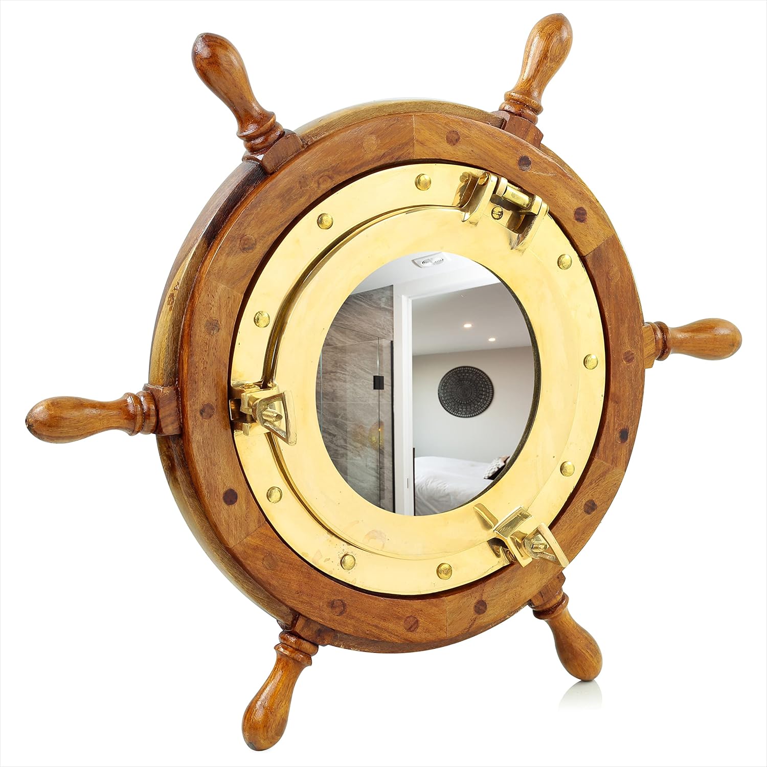 Nagina International Nautical Brass Porthole Mirror Ship Wheel Decor 16 Inches Christmas Gift Wall Mounted