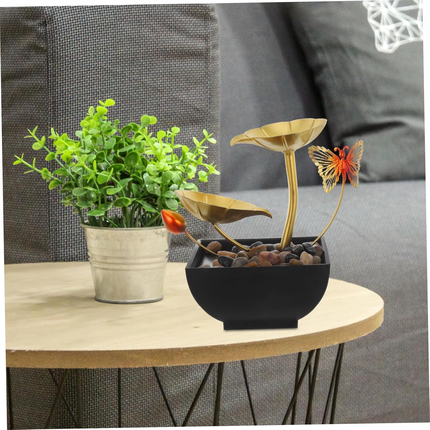 Alipis Indoor Tabletop Fountain with Golden Lotus Leaf and LED Light