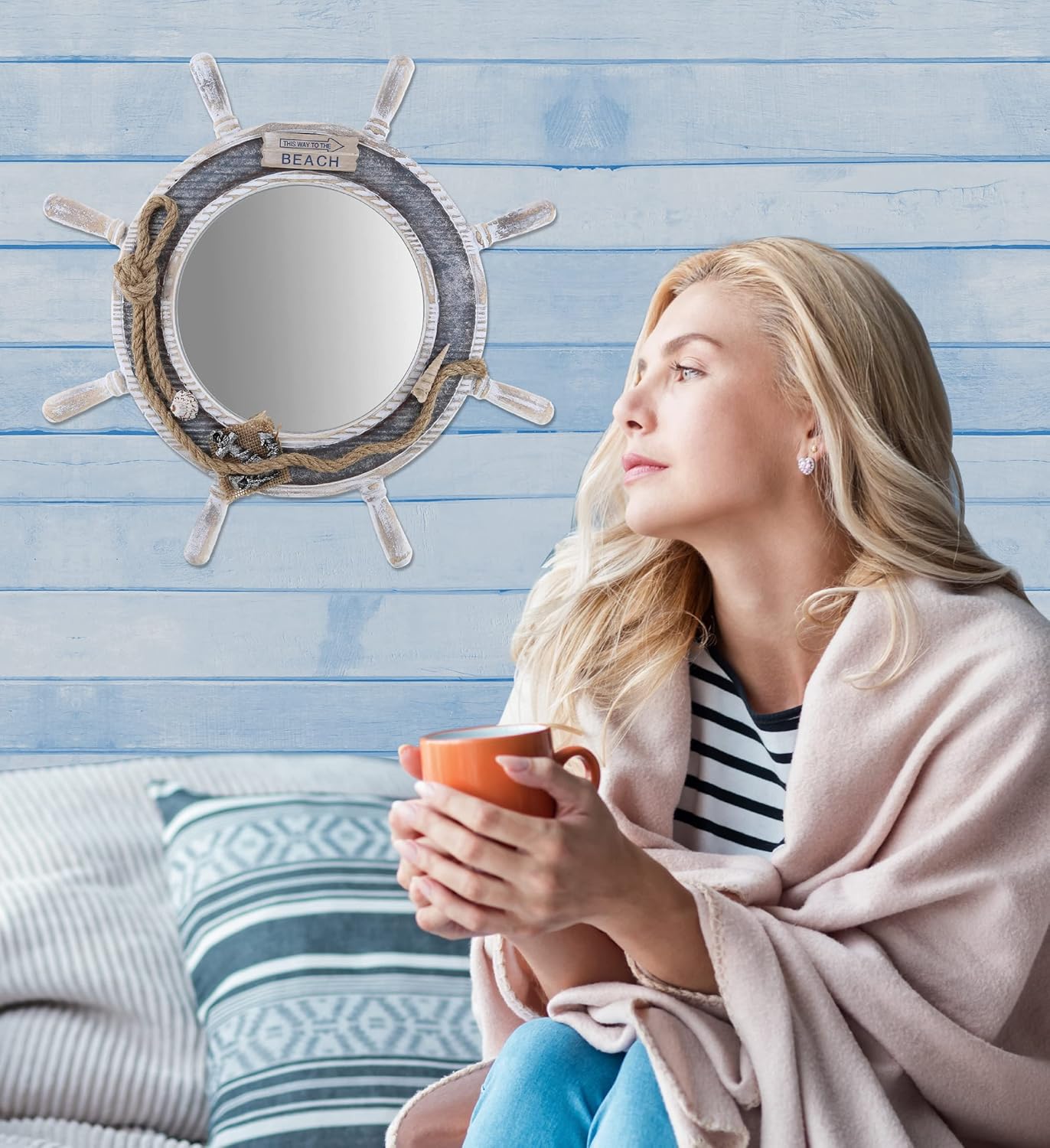 CoTa Global Silver Sea Ship Wheel Mirror Wall Decor