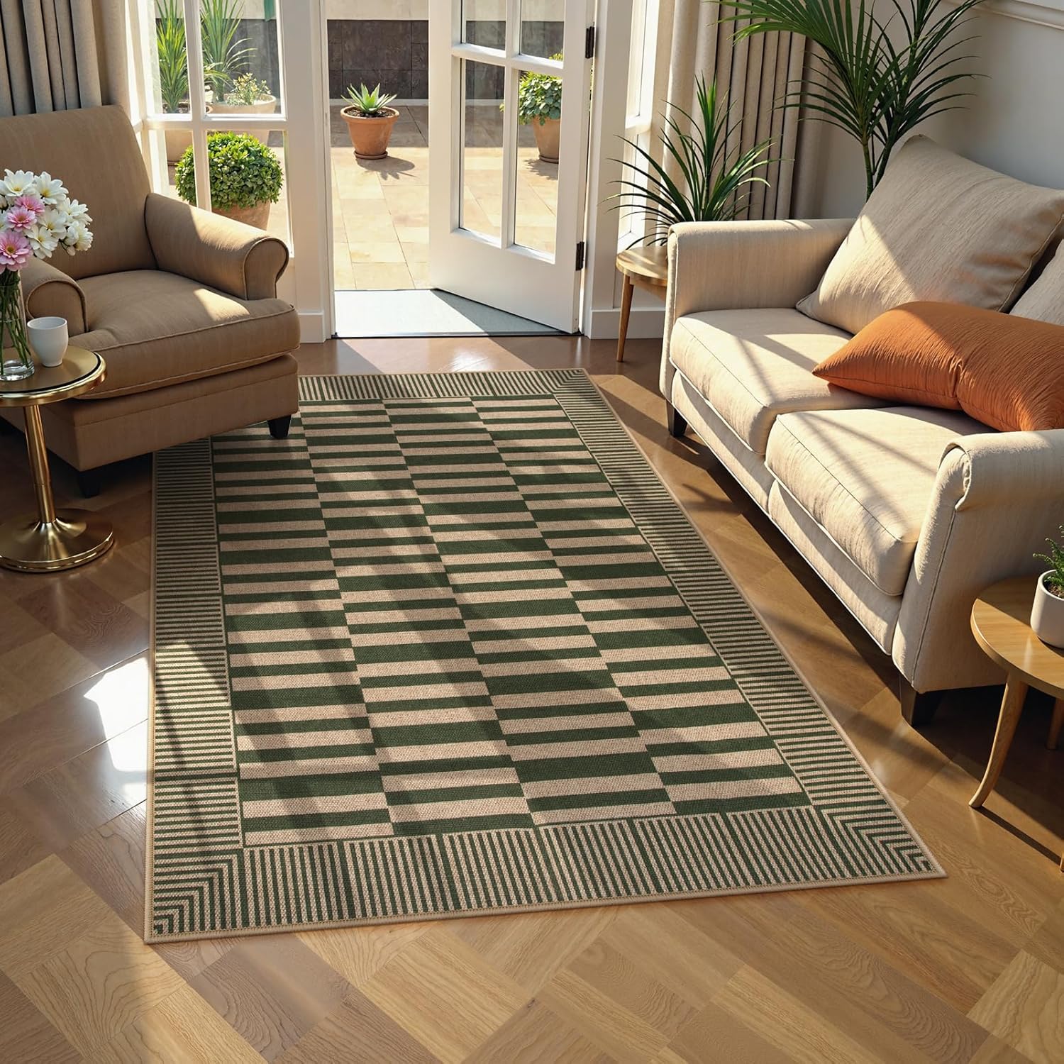 Beeiva Striped Jute Rug 3x5 Non-Slip Outdoor Indoor Entryway Mat - Green