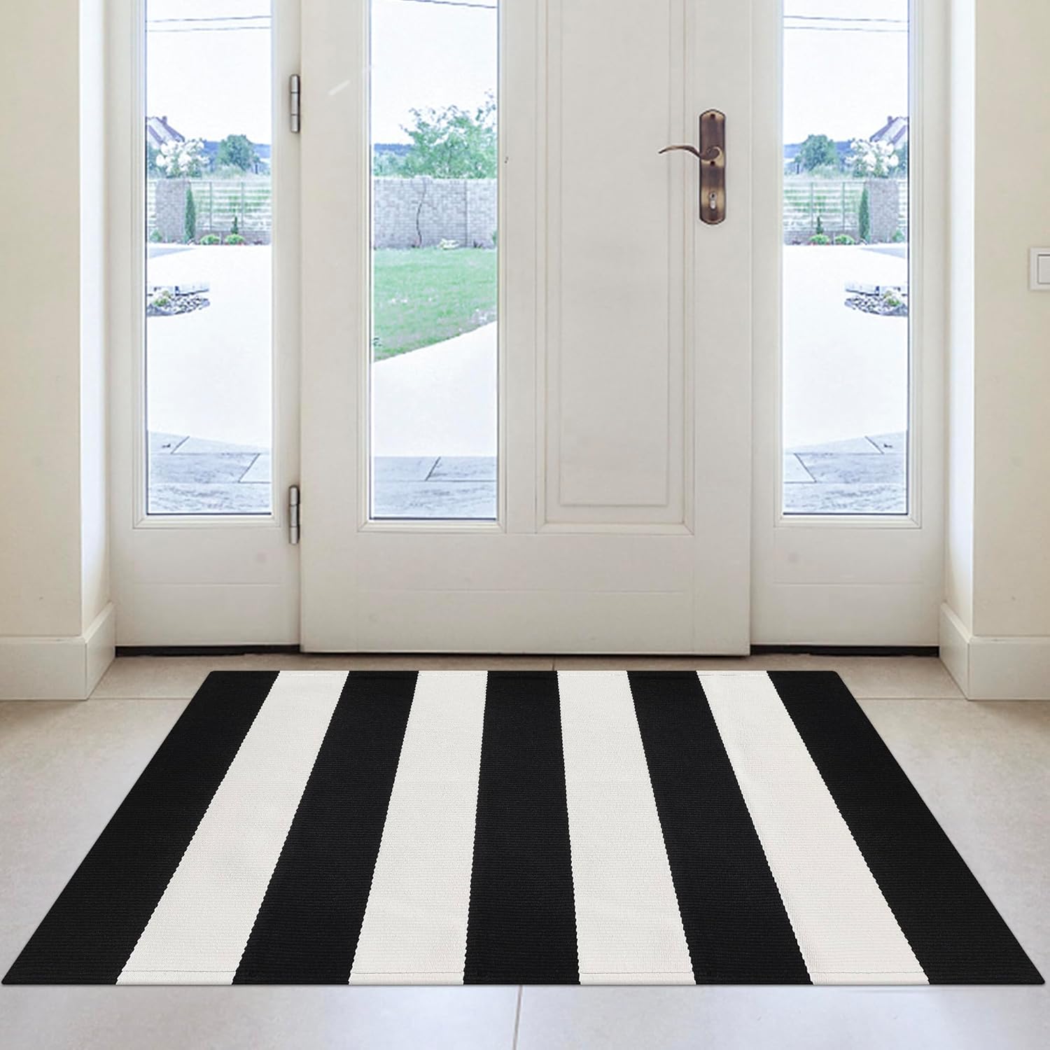 Black and White Striped Outdoor Rug 2x3 Cotton Woven