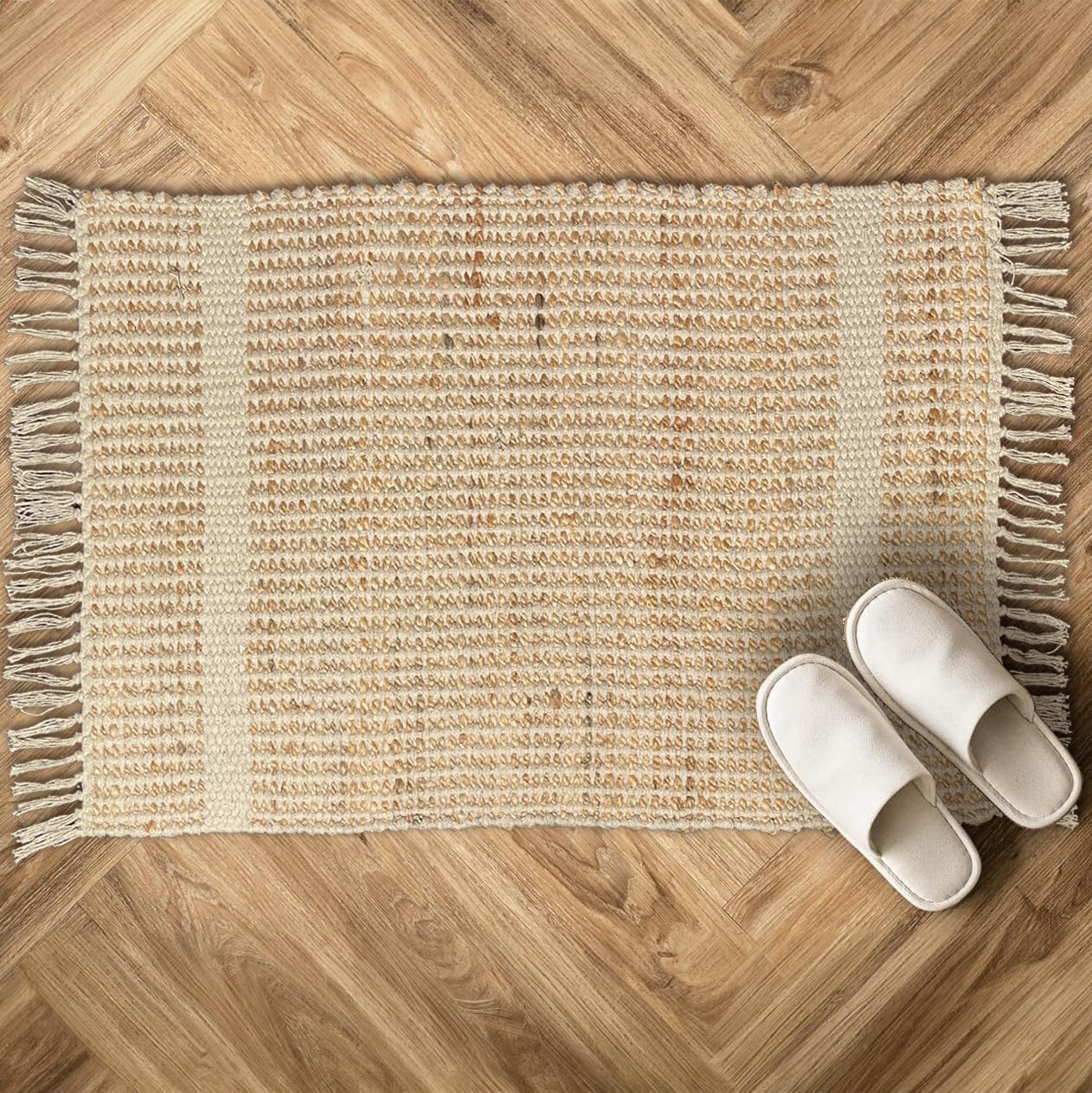 Chardin Home 2x3 Jute Cotton Woven Rug with Knotted Fringes