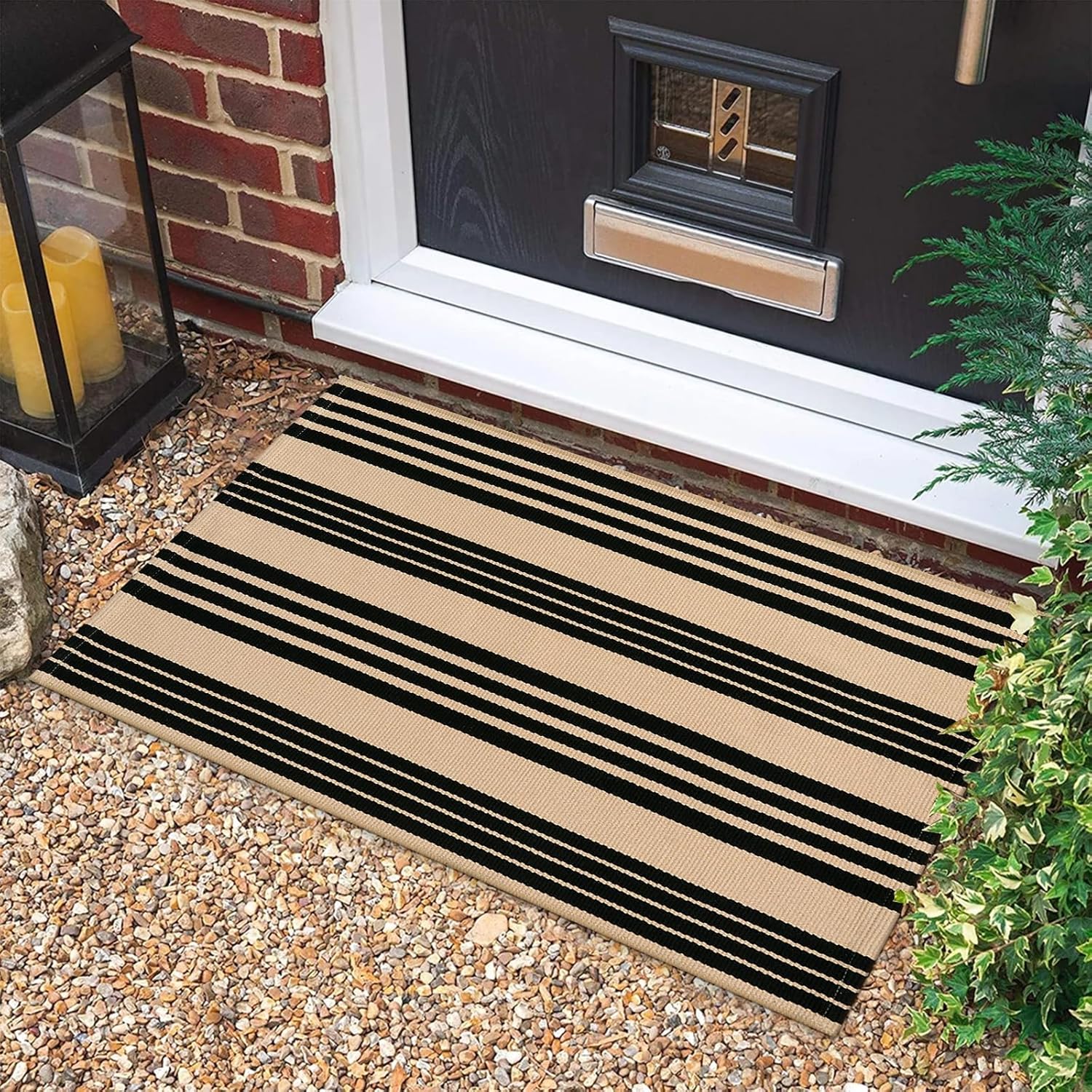 Tiveney 2 x 3 Front Door Mat Outdoor Entrance Entryway Rug Black Khaki Layered Doormats
