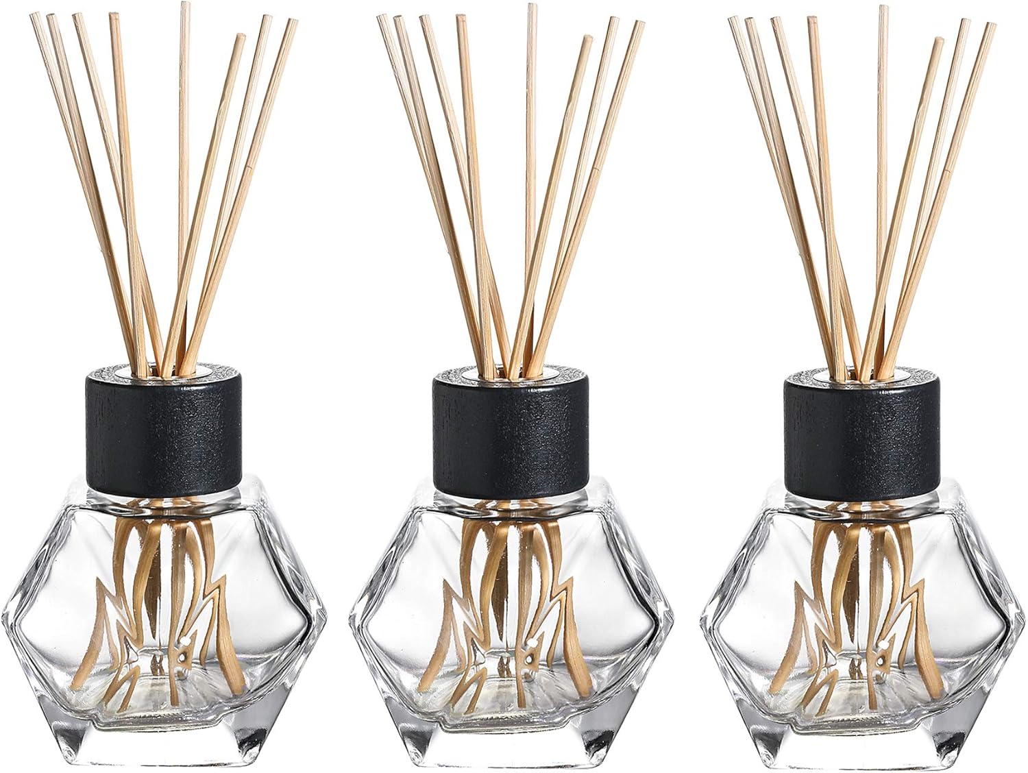 3PC Clear Glass Reed Diffuser Set with Black Caps and 24 Natural Reed Sticks