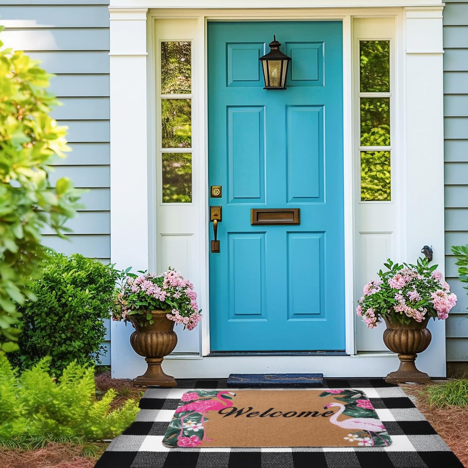 Flamingo Doormat and Plaid Rug Set for Front Porch