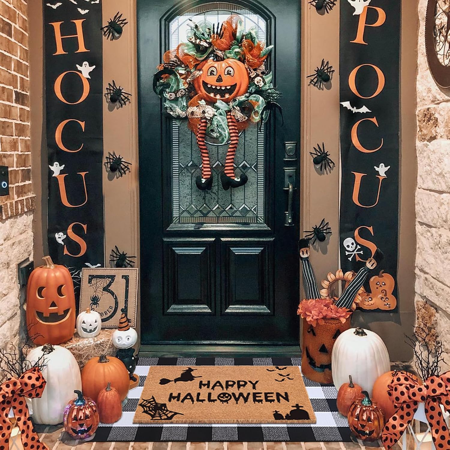 Halloween Decor Doormat Combo Set with Plaid Rug