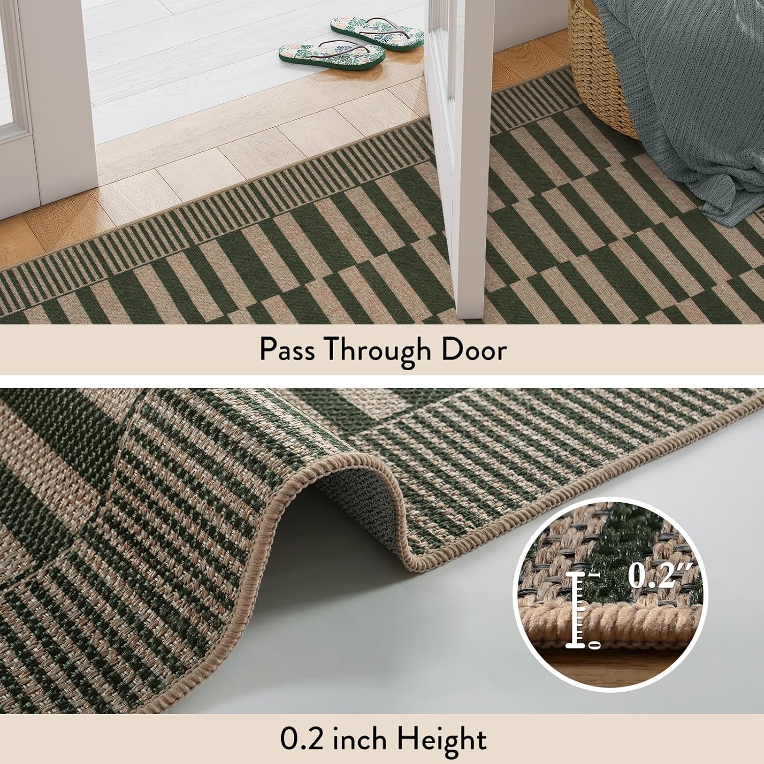 Beeiva Striped Jute Rug 3x5 Non-Slip Outdoor Indoor Entryway Mat - Green