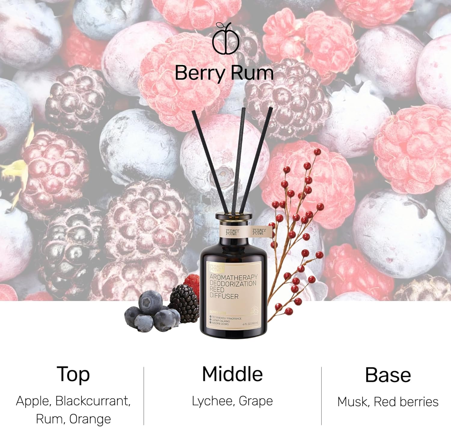 Furrypurr Reed Diffuser for Pet Odor Elimination Berry Rum 6 Oz