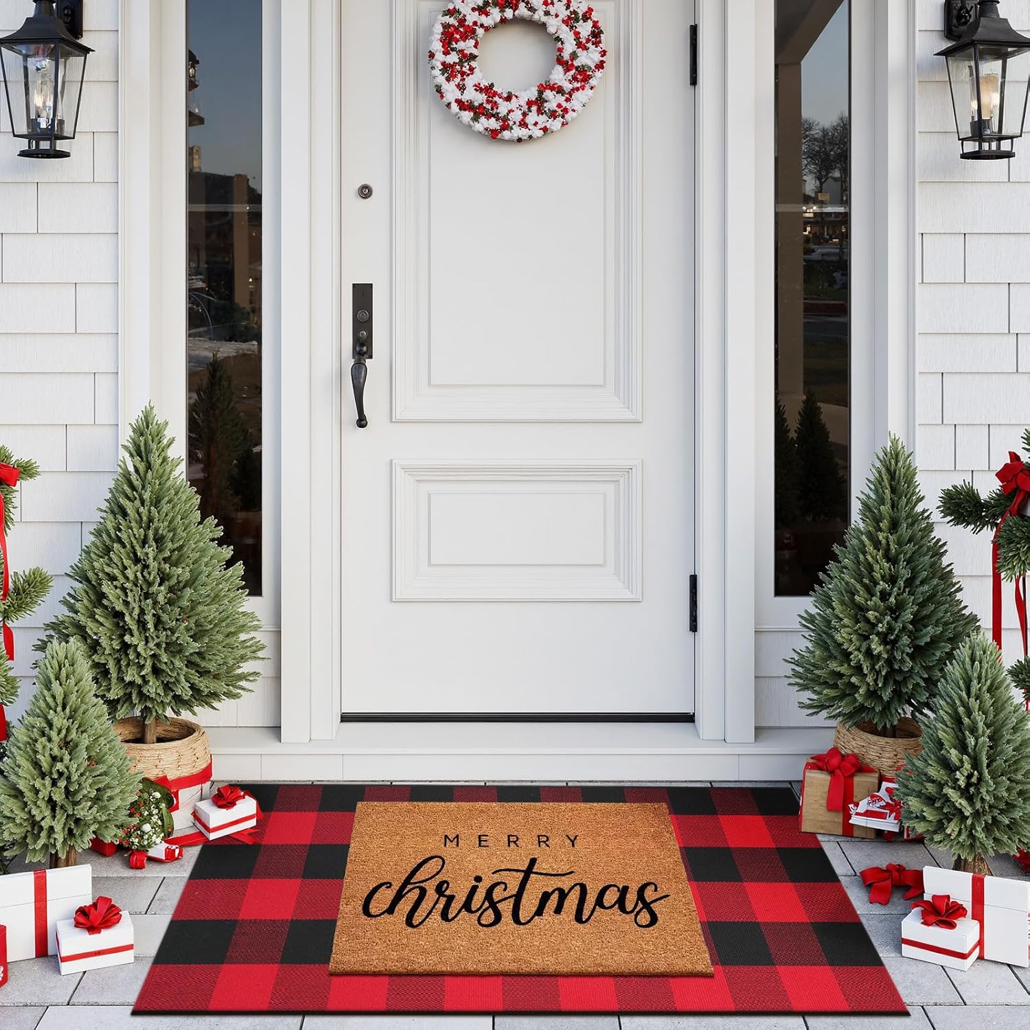 Sungea Christmas Door Mat 24x51 Red Black Buffalo Plaid Outdoor Rug