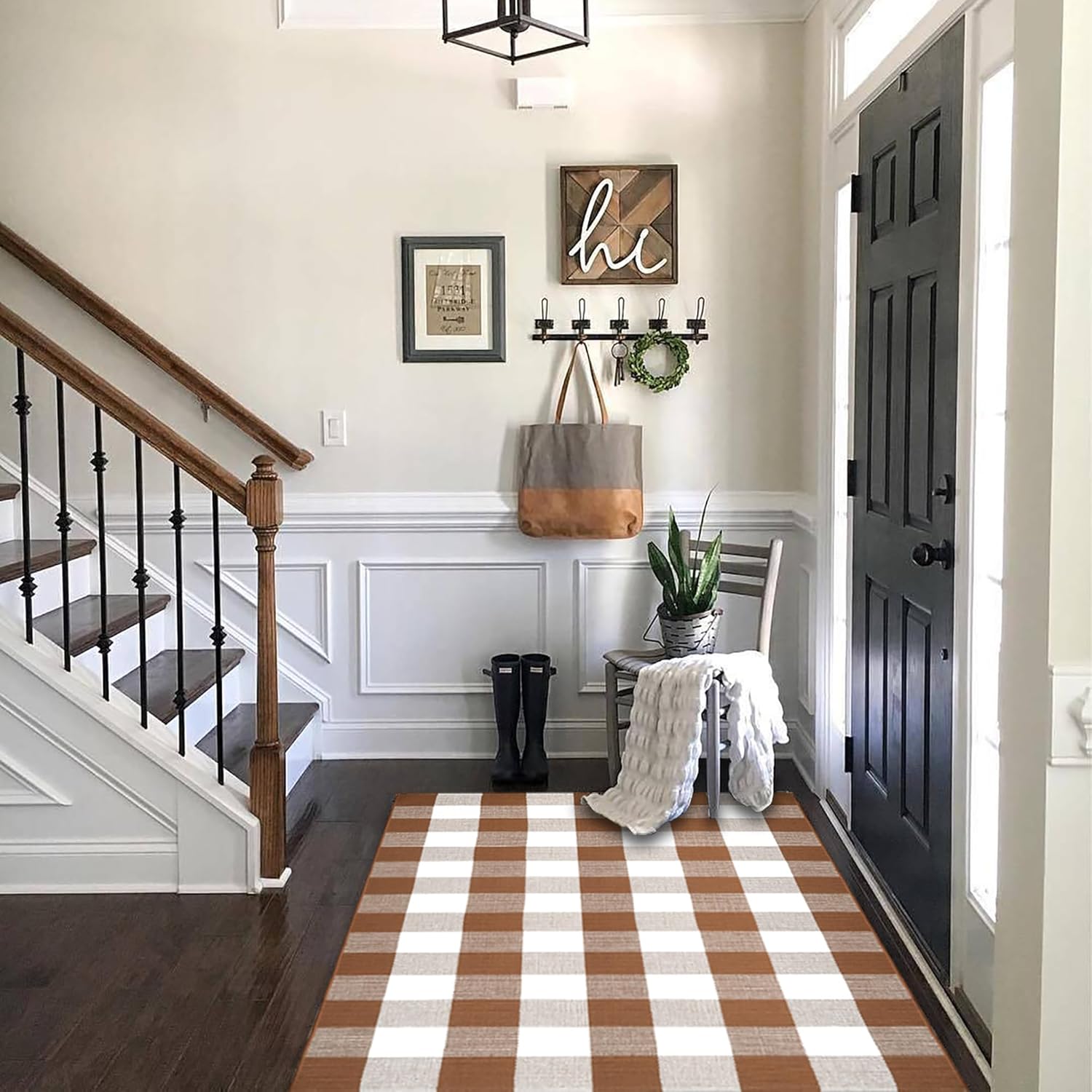 Homydecor Buffalo Plaid Outdoor Rug 28x43 Coffee and White Checkered Area Rug