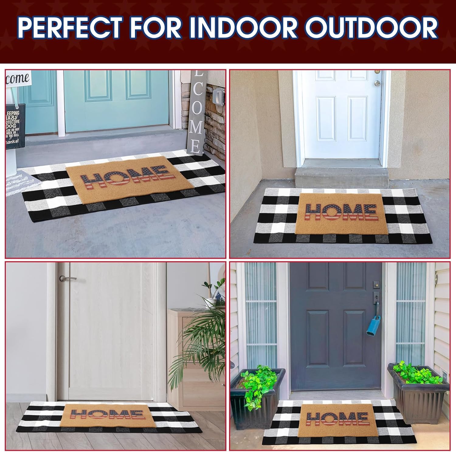 2 Pcs 4th of July Door Mat Set Patriotic Rug and Coir Welcome Mat for Front Porch Entrance