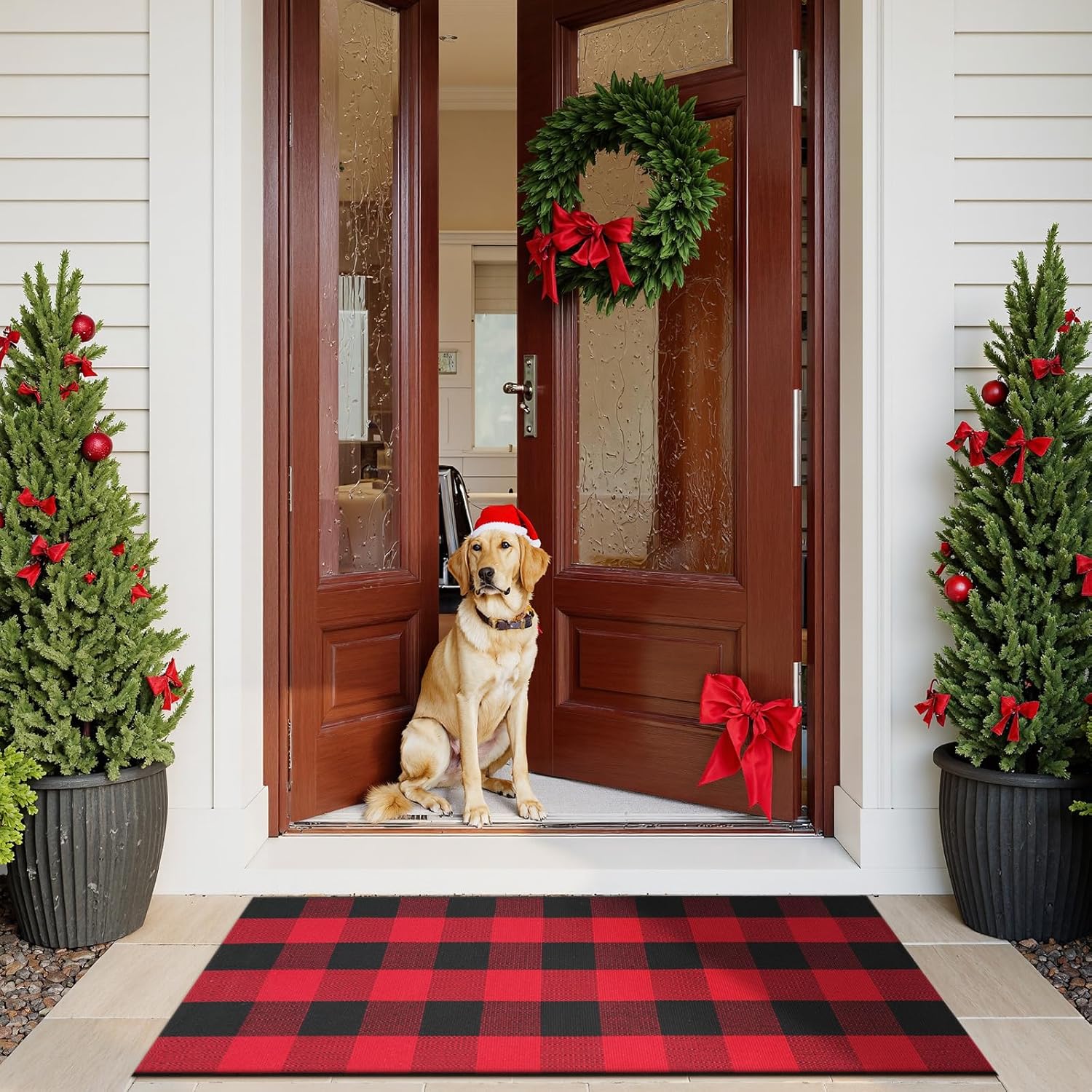 Sungea Christmas Door Mat 24x51 Red Black Buffalo Plaid Outdoor Rug