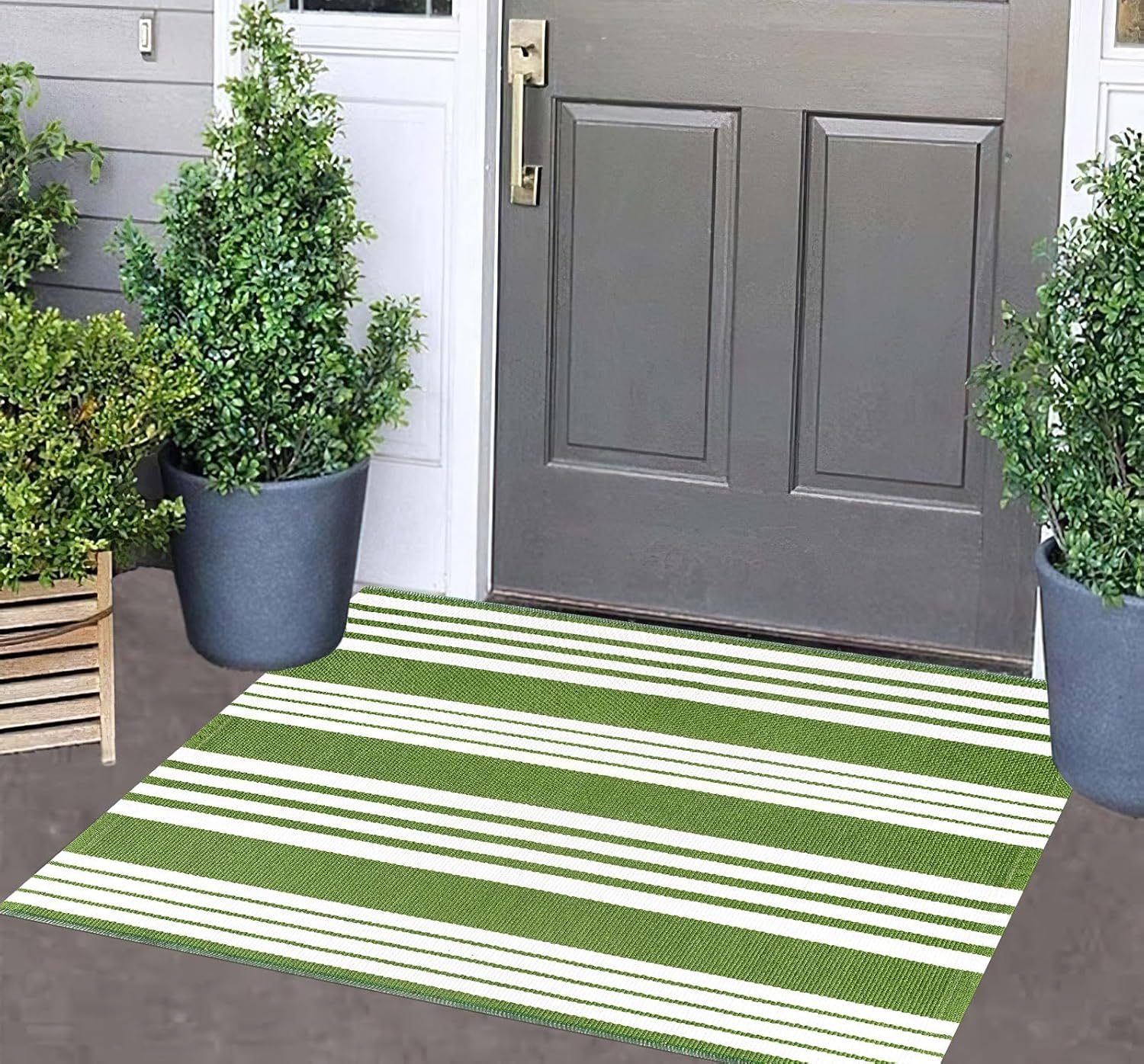 Green and White Striped Outdoor Rug 24x35 Door Mat Welcome Mat for Entryway