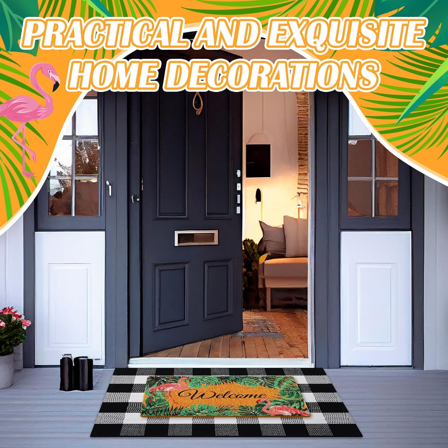 Geelin 2 Pcs Flamingo Door Mat Buffalo Plaid Rug Set