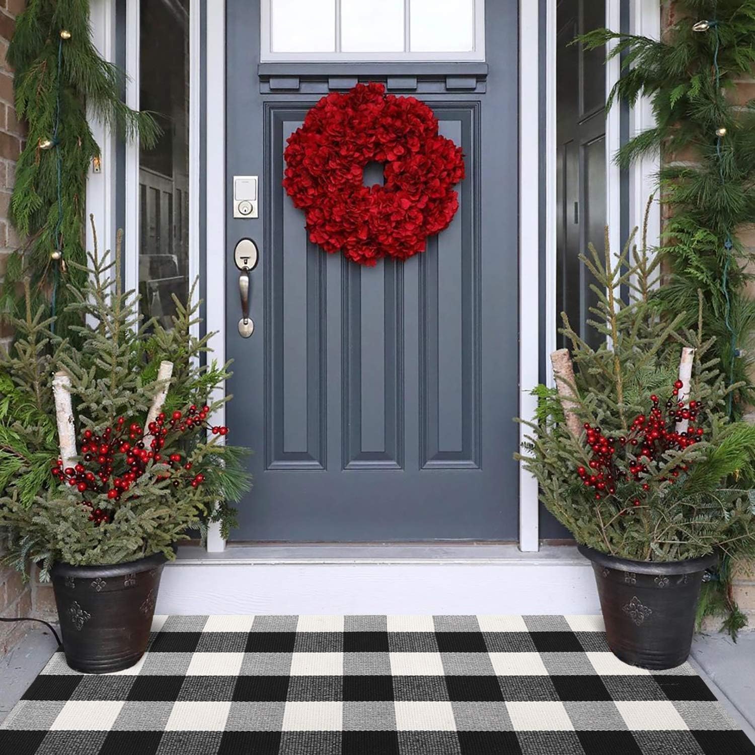 LEEVAN Buffalo Plaid Outdoor Rug 275x43 Inch Black and White Doormat for Entryway and Front Porch