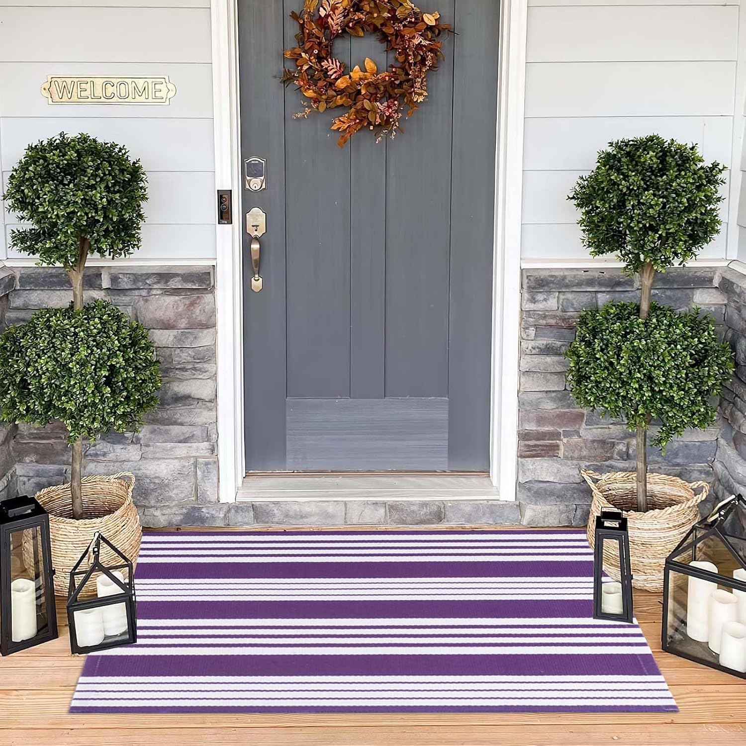 Purple and White Striped Outdoor Rug 24x51 Inch