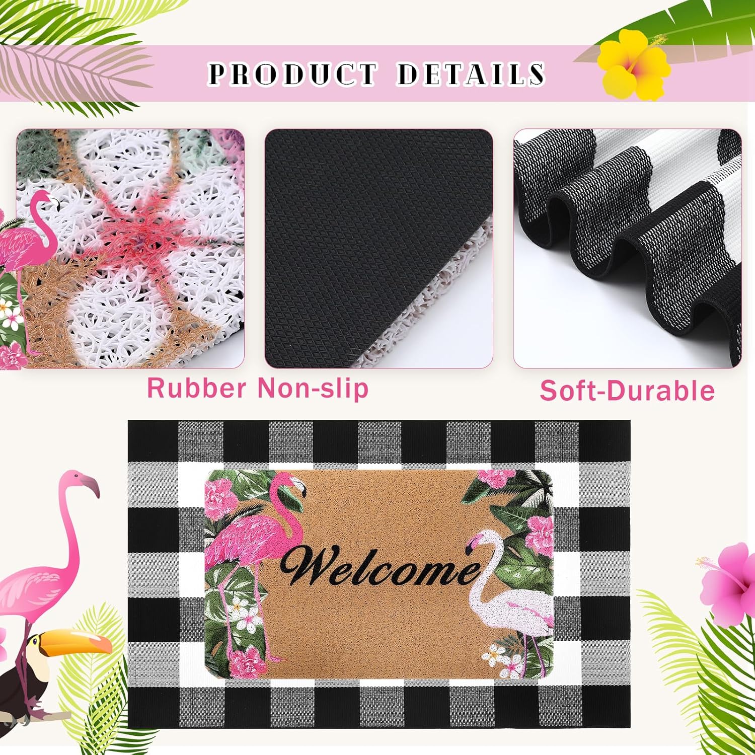Flamingo Doormat and Plaid Rug Set for Front Porch