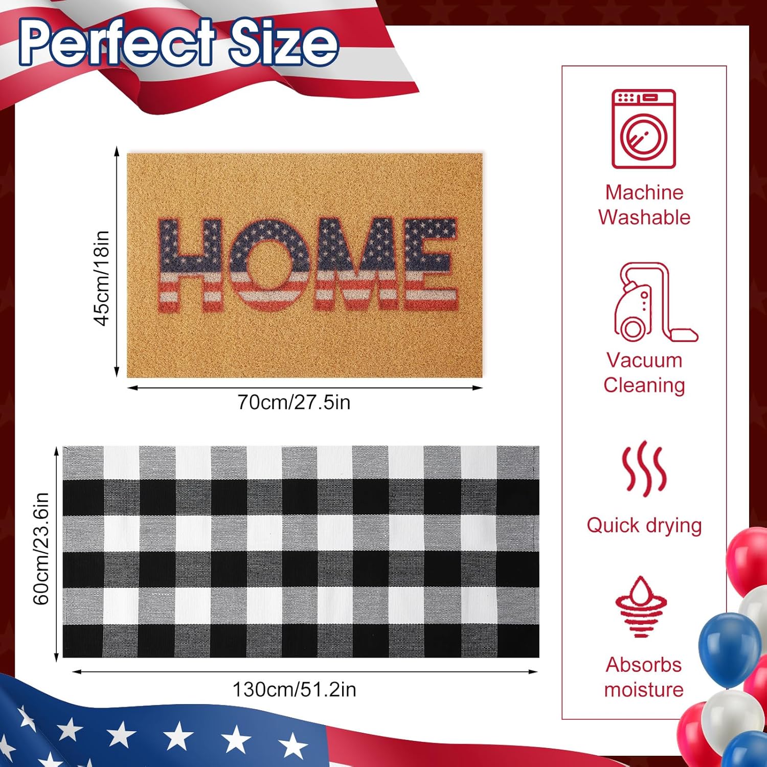 2 Pcs 4th of July Door Mat Set Patriotic Rug and Coir Welcome Mat for Front Porch Entrance