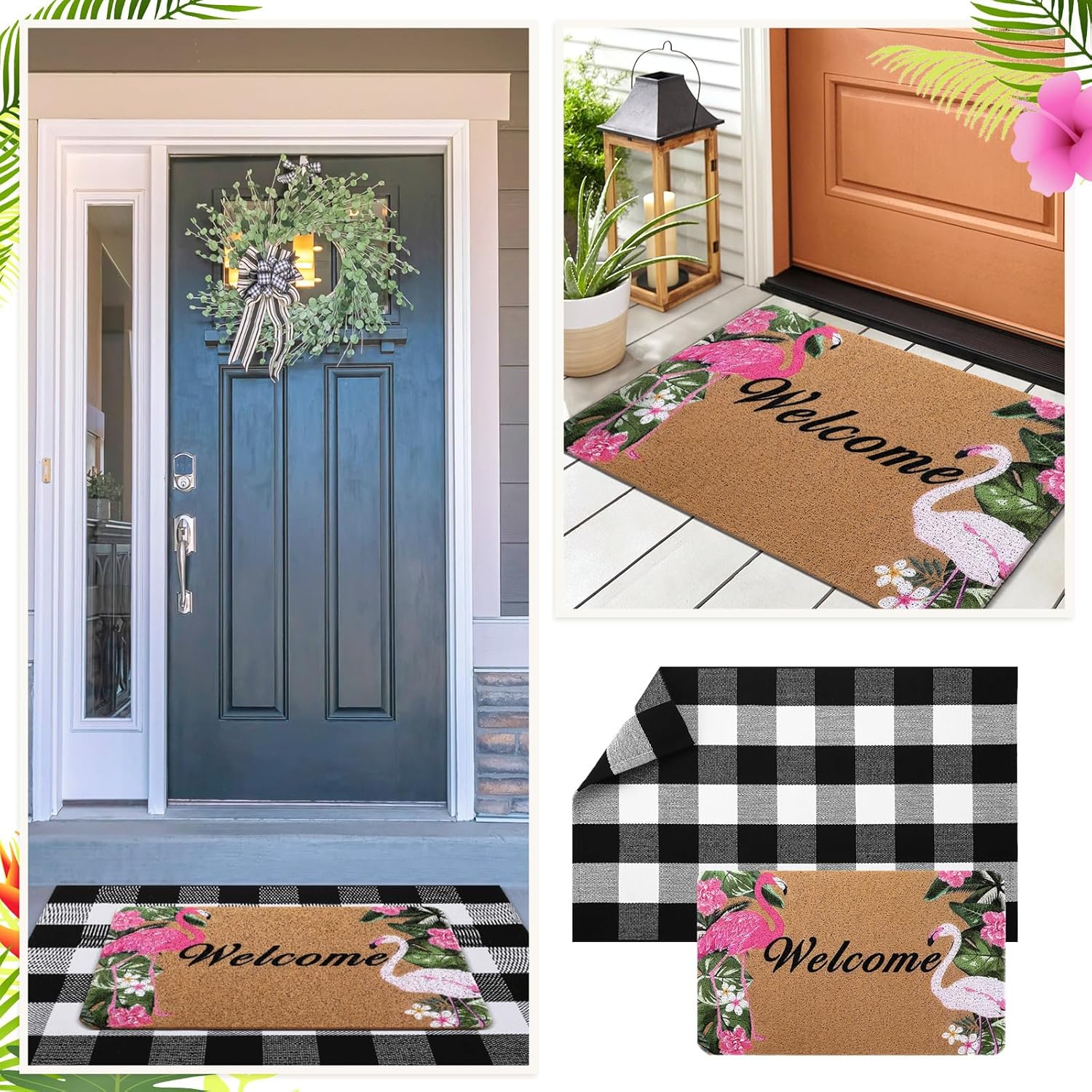 Flamingo Doormat and Plaid Rug Set for Front Porch