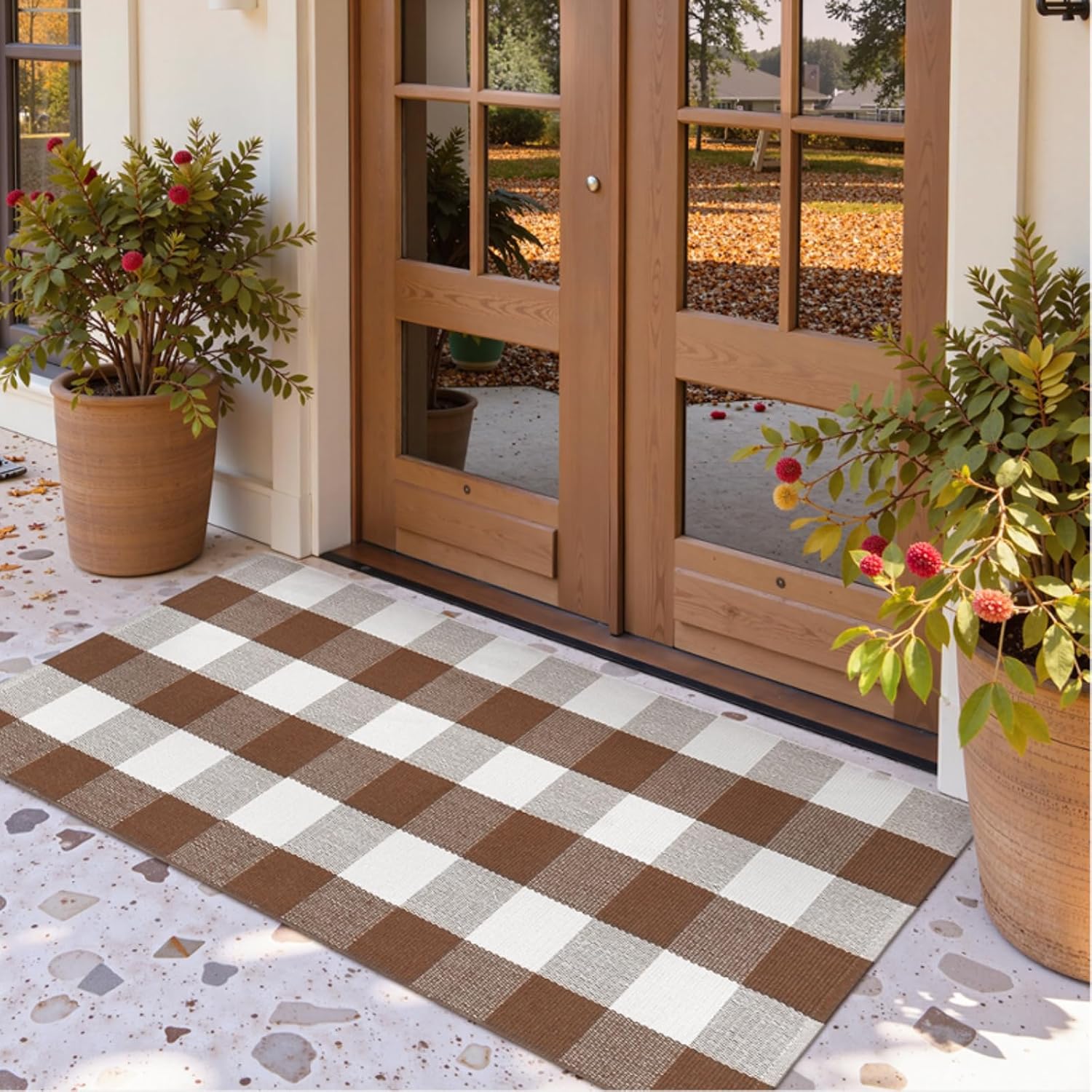 Uphome Buffalo Plaid Outdoor Rug 2x43 Brown Checkered Front Door Mat for Fall Decor