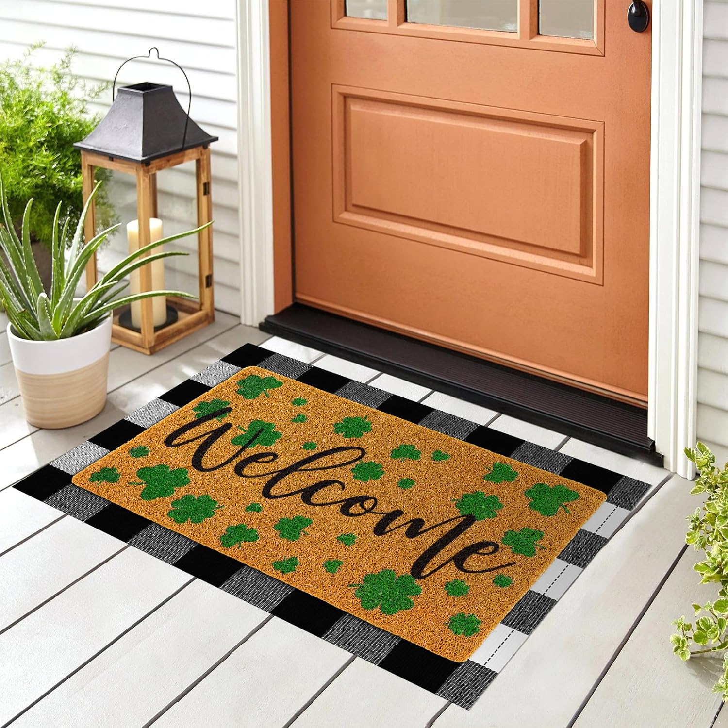 Fabbay 2 Pcs Fall Welcome Mat Buffalo Plaid Rug for Front Door