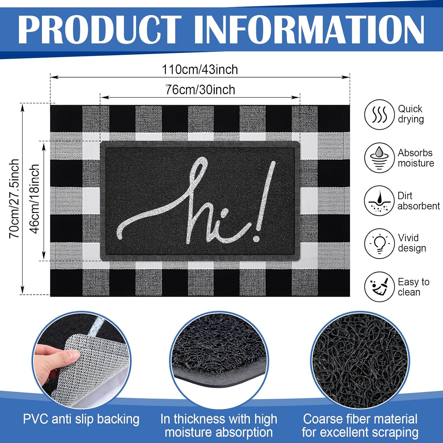 Geelin 2 Pcs Front Door Mats Buffalo Checkered Rug for Indoor Outdoor Entrance Decor