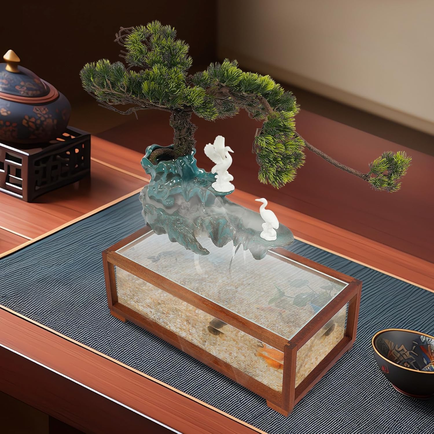 Porkke Spreading Fish Tank Flowing Ornament Desktop Fountain with LED Light and Atomizer for Home Office Decor