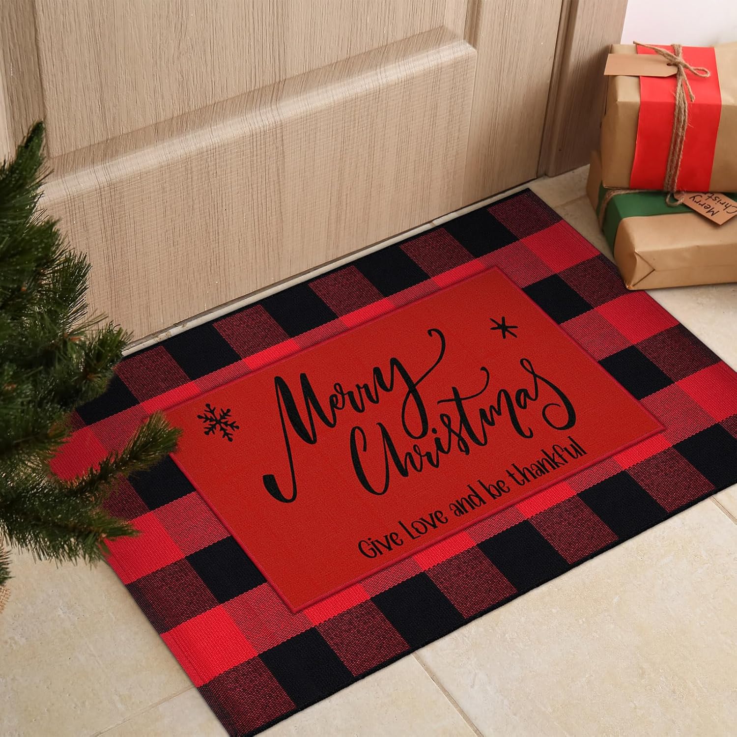 Timgle 2 Pcs Christmas Doormats and Plaid Rug Set