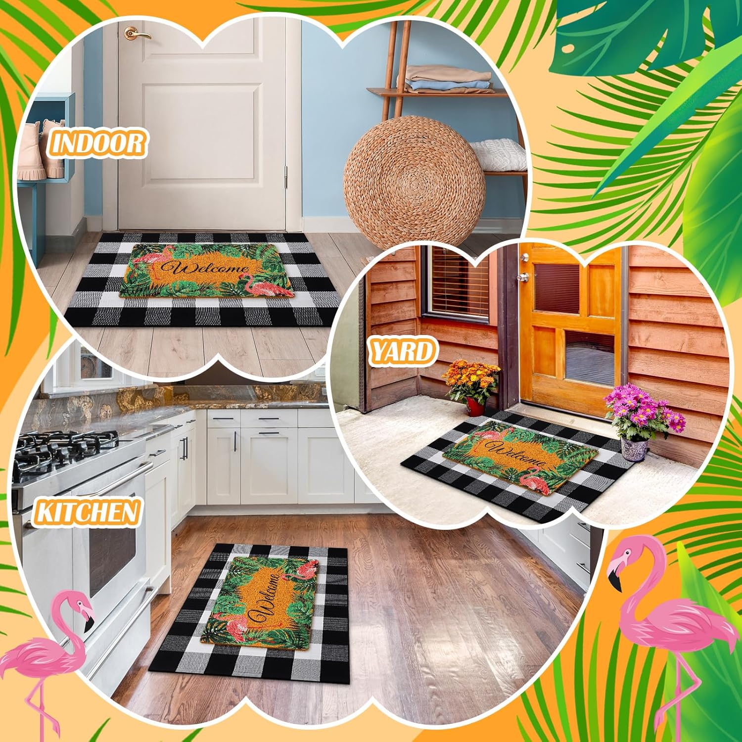 Geelin 2 Pcs Flamingo Door Mat Buffalo Plaid Rug Set
