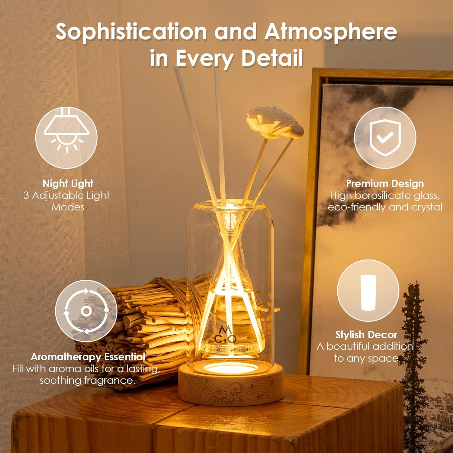 COMI Empty Glass Diffuser Bottles with Reed Sticks and Luminous Base