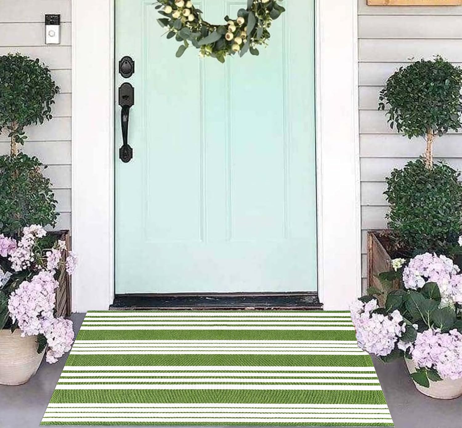 Green and White Striped Outdoor Rug 24x35 Door Mat Welcome Mat for Entryway