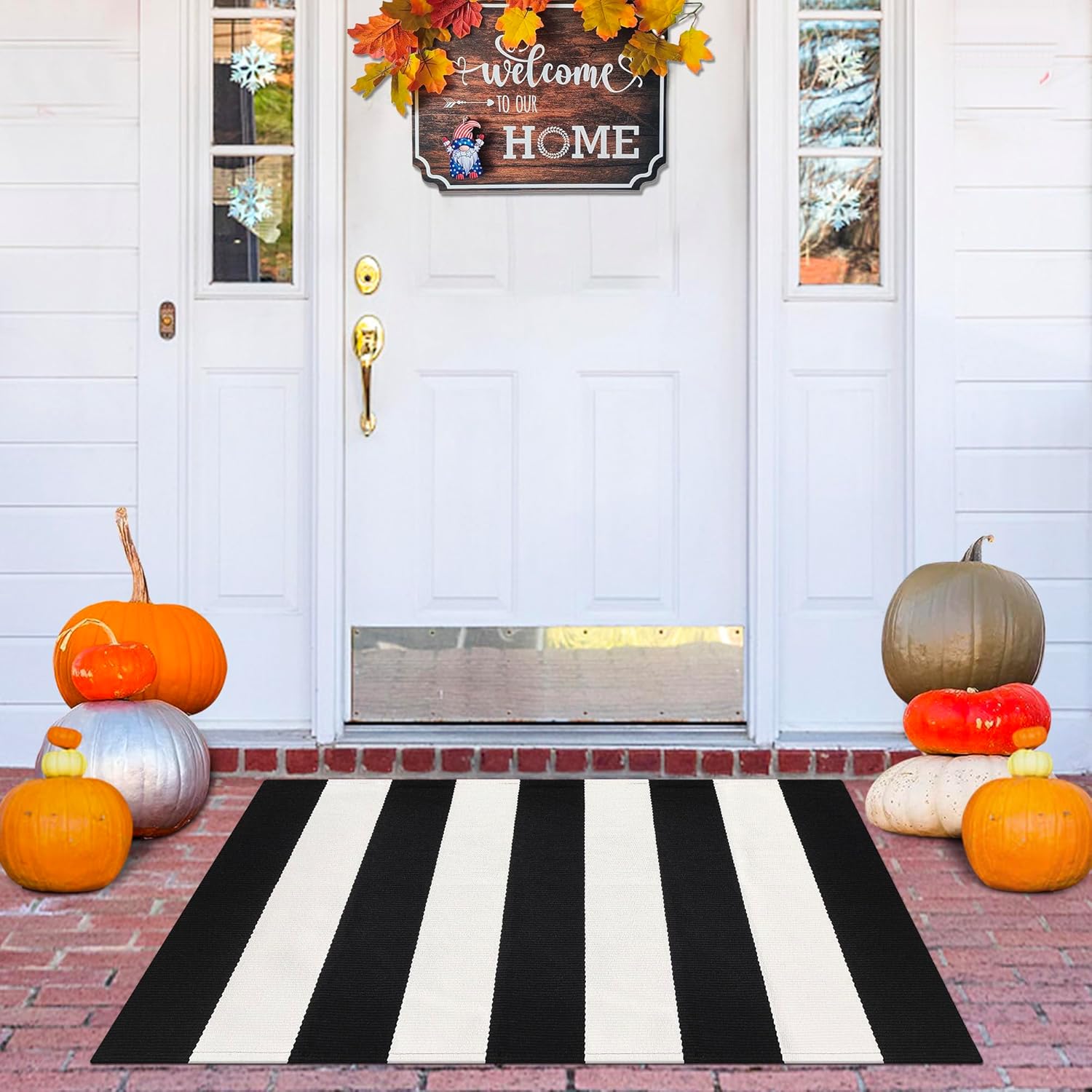 Black and White Striped Outdoor Rug 2x3 Cotton Woven