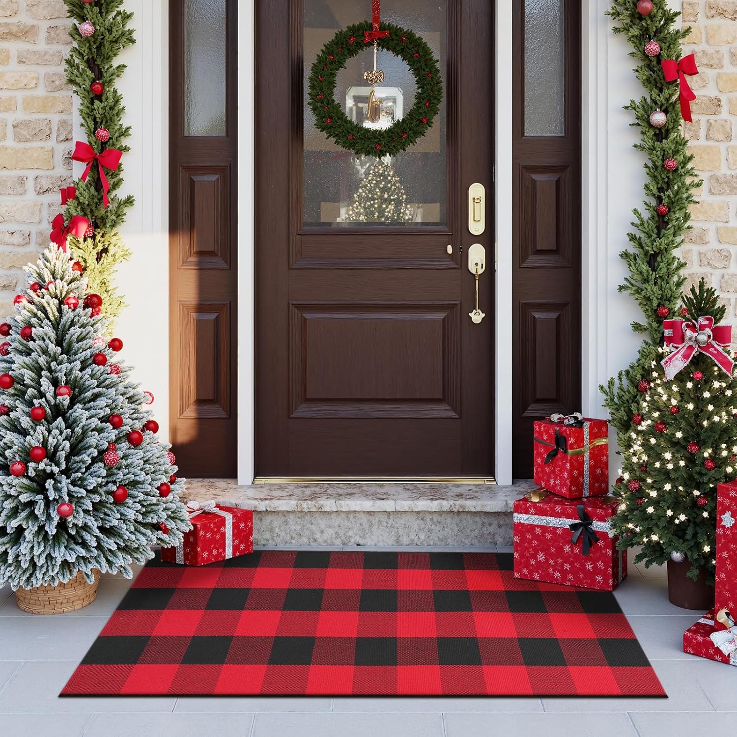 Sungea Christmas Door Mat 24x51 Red Black Buffalo Plaid Outdoor Rug