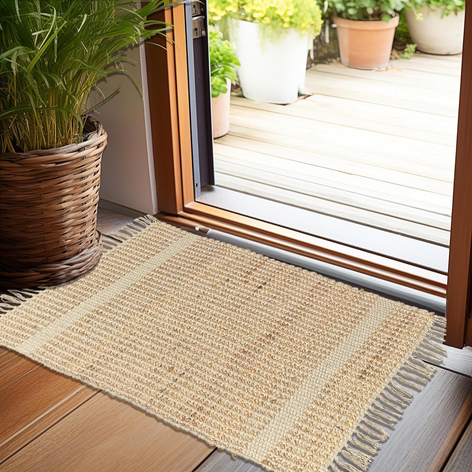 Chardin Home 2x3 Jute Cotton Woven Rug with Knotted Fringes