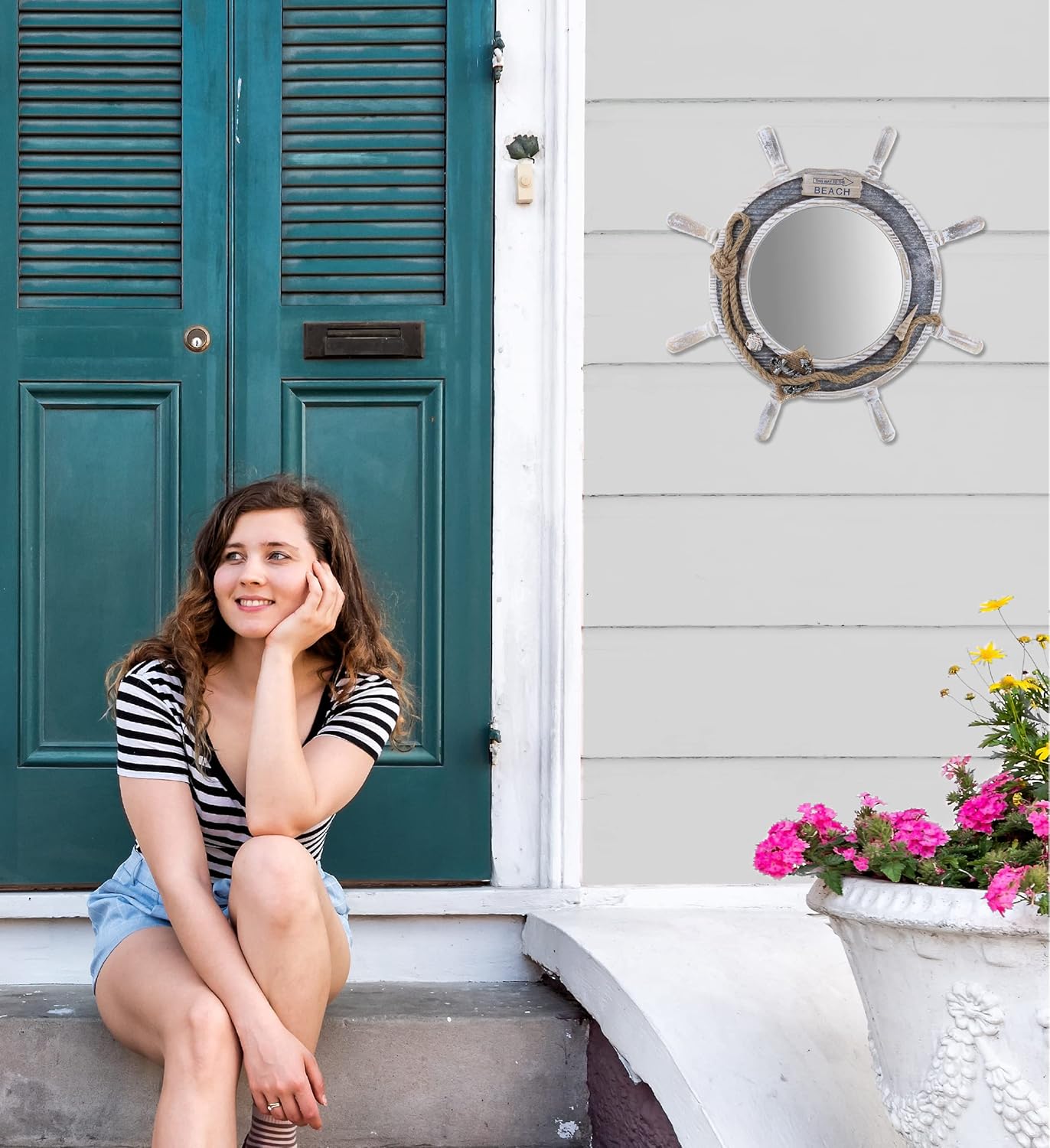 CoTa Global Silver Sea Ship Wheel Mirror Wall Decor