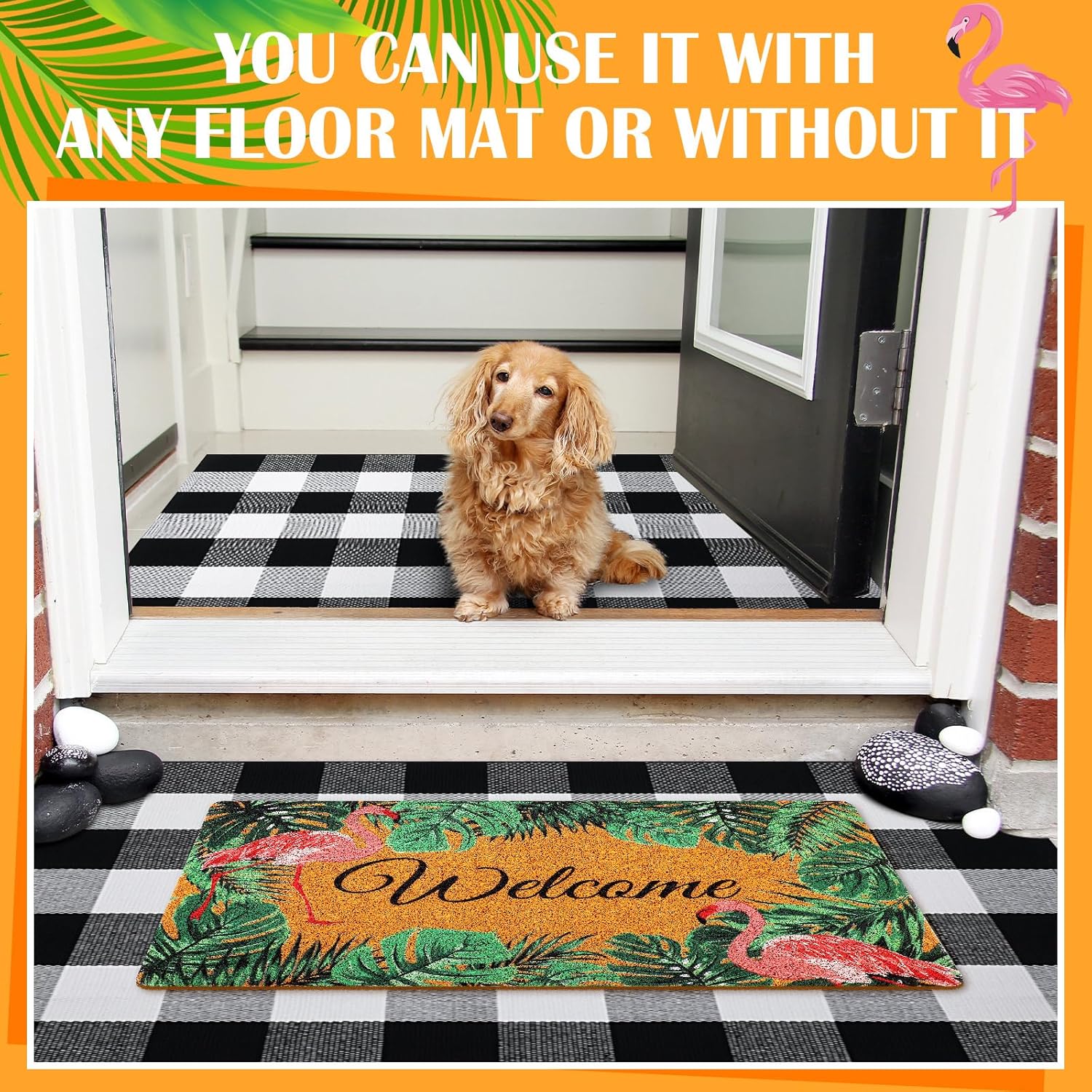 Geelin 2 Pcs Flamingo Door Mat Buffalo Plaid Rug Set