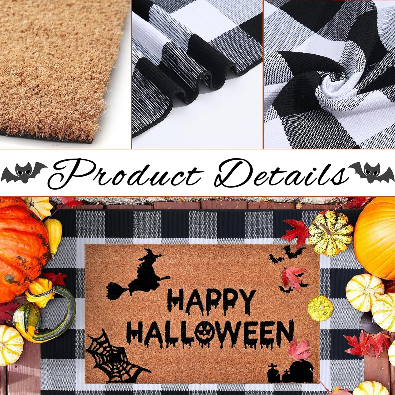 Halloween Decor Doormat Combo Set with Plaid Rug