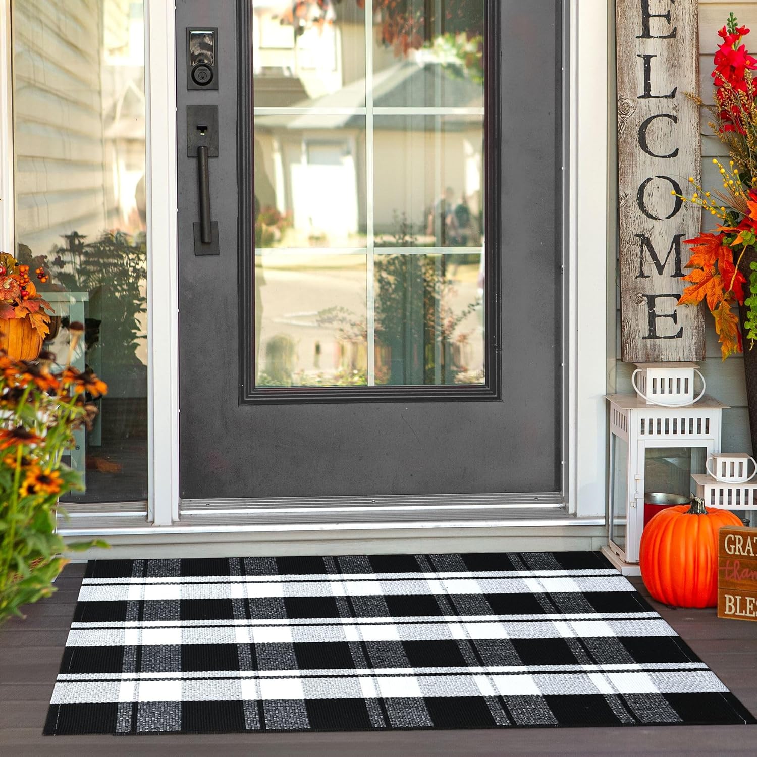 Ompaa Black and White Plaid Checkered Area Rug 236x354 Hand-Woven Cotton Buffalo Doormat for Indoor Outdoor Use