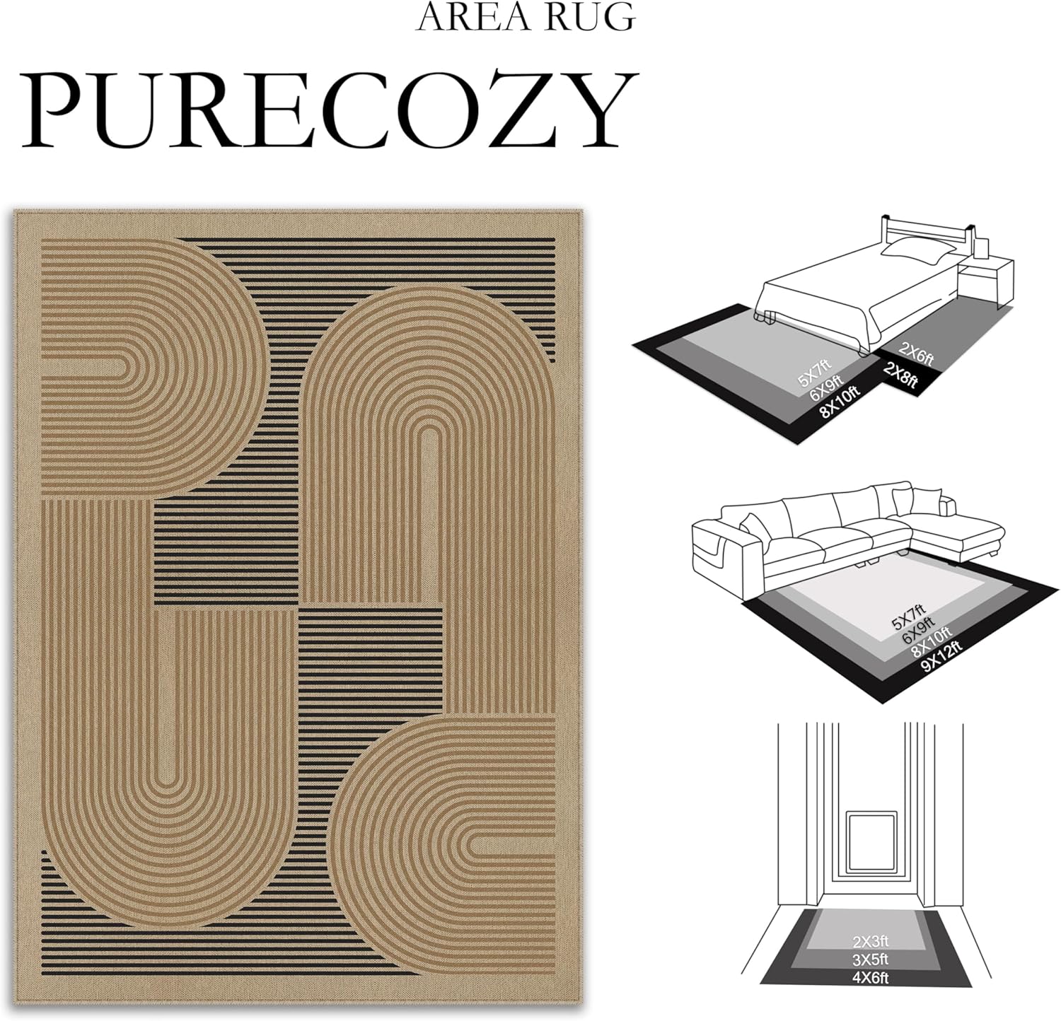 Modern Geometric Jute Inspired Non Slip Area Rug