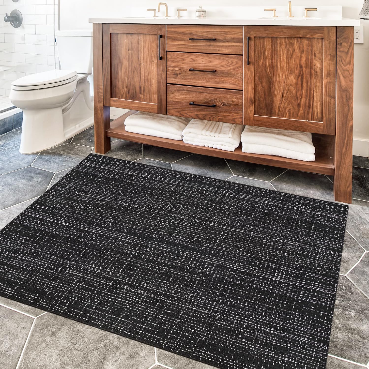 Black White 4x6 Area Rug Washable Cotton Rug with Non-Slip Pad