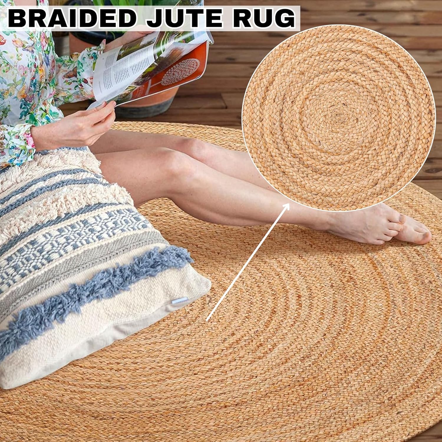 Bedding Craft 3 Ft Round Jute Area Rug Natural Yarn Handwoven