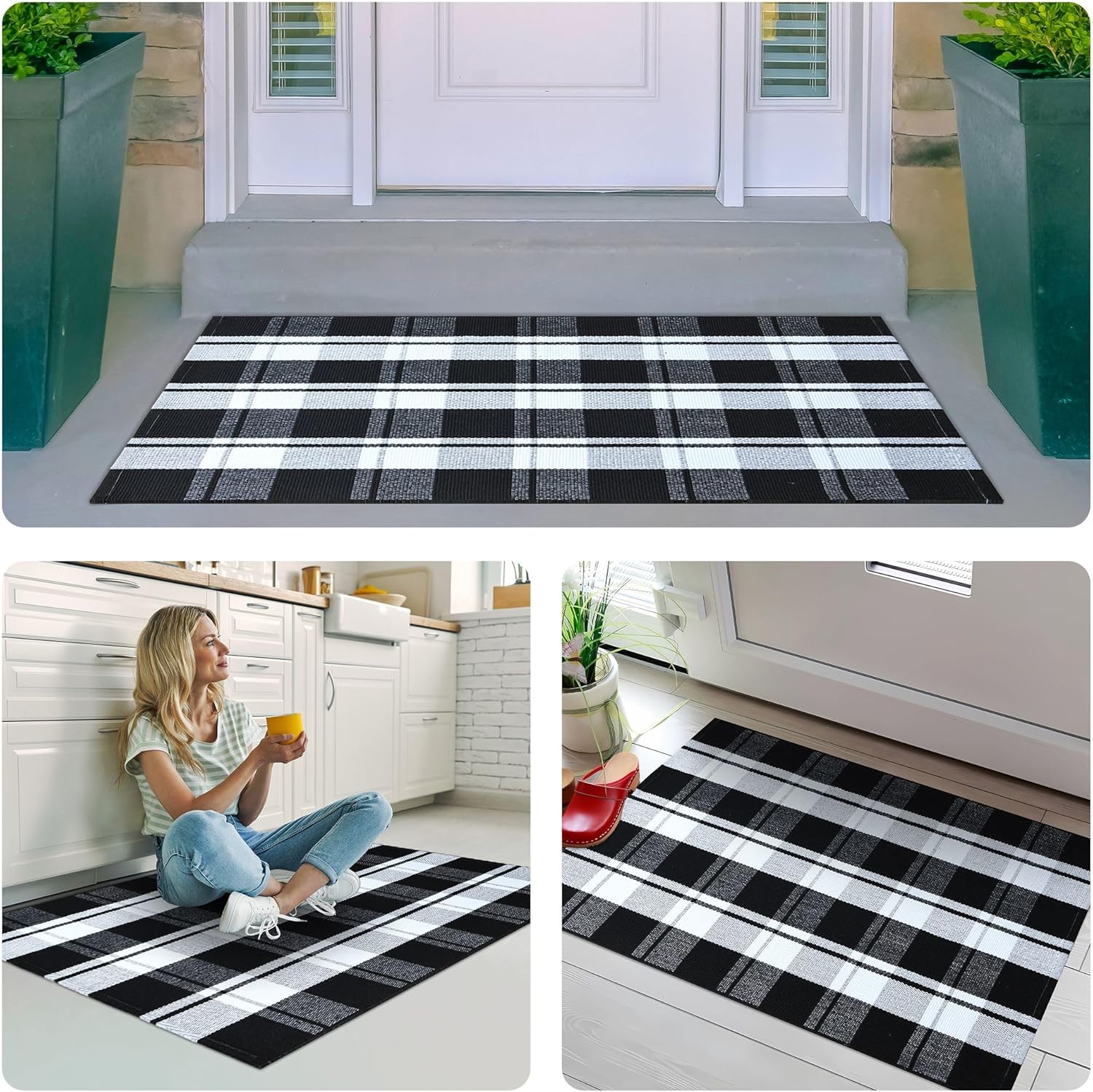 Ompaa Black and White Plaid Checkered Area Rug 236x354 Hand-Woven Cotton Buffalo Doormat for Indoor Outdoor Use