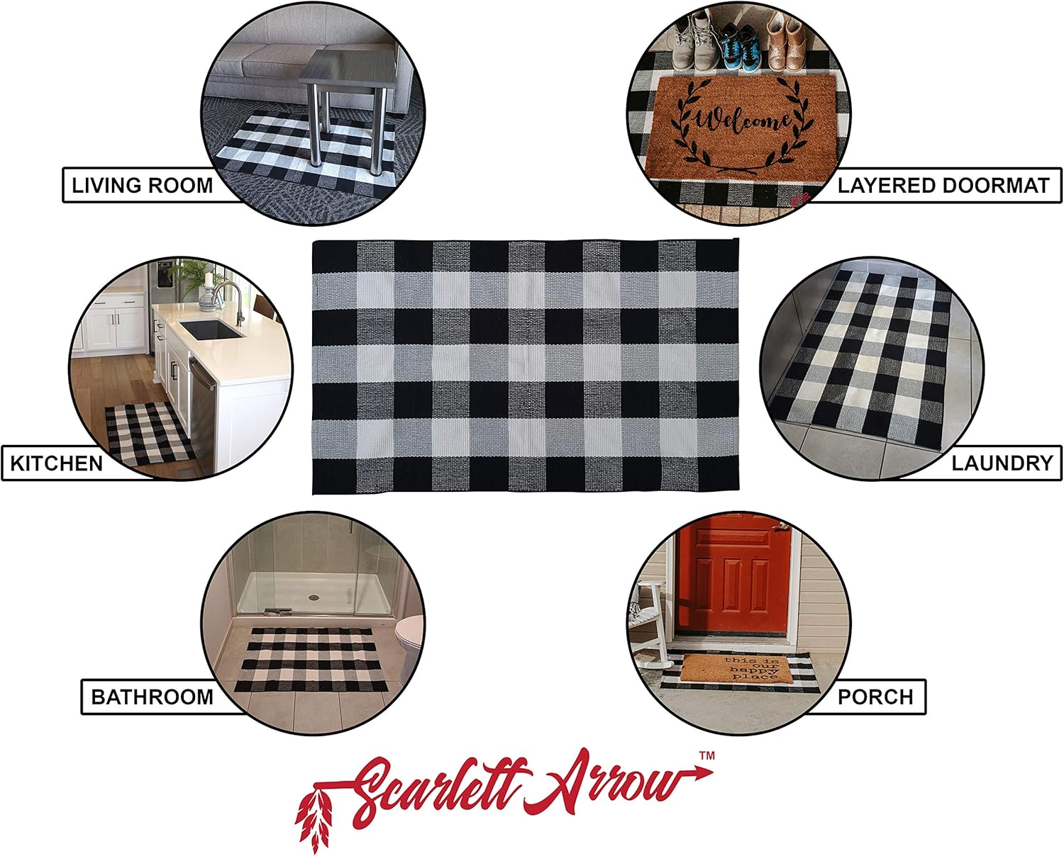 Black and White Plaid Buffalo Rug 28x43 Inches Indoor Outdoor