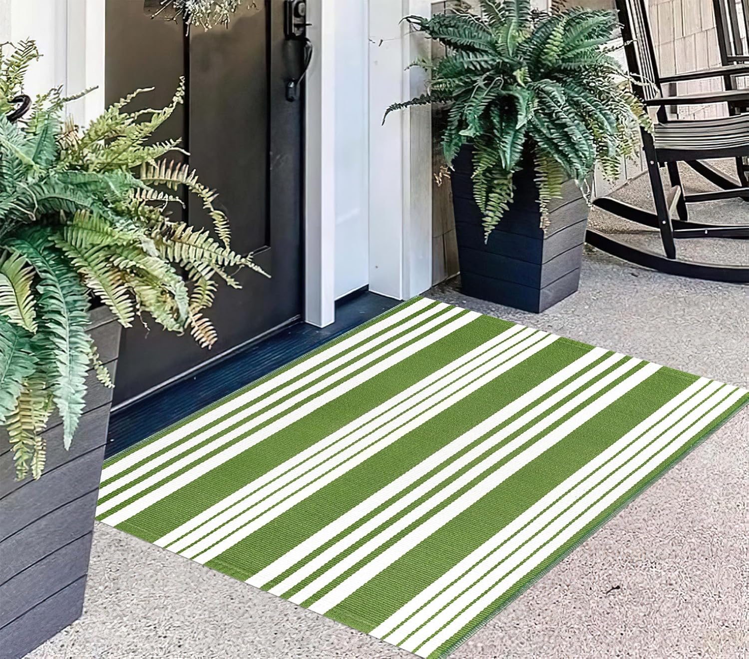 Green and White Striped Outdoor Rug 24x35 Door Mat Welcome Mat for Entryway